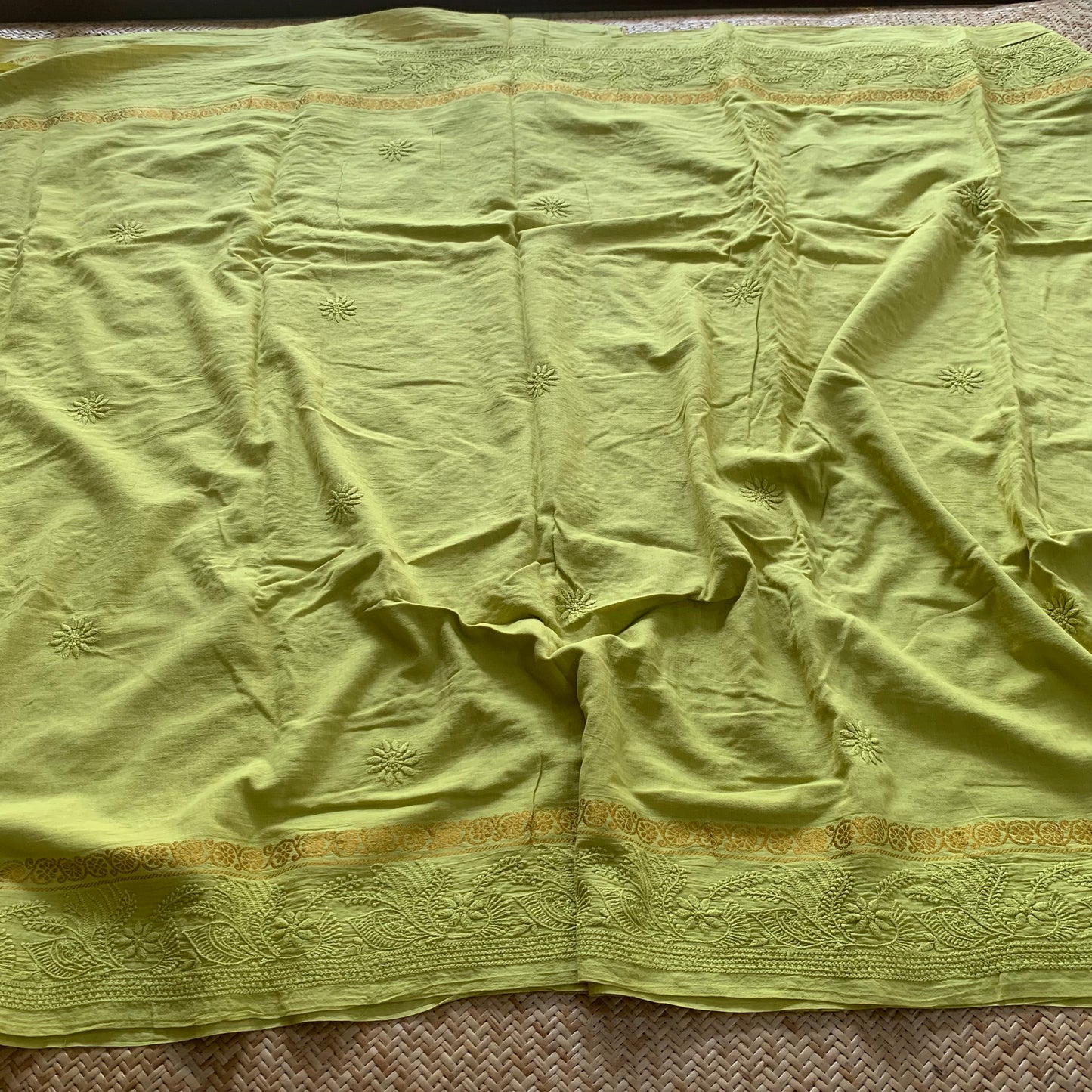Green Chickankari Hand Embroidery on a Sungudi Cotton Saree