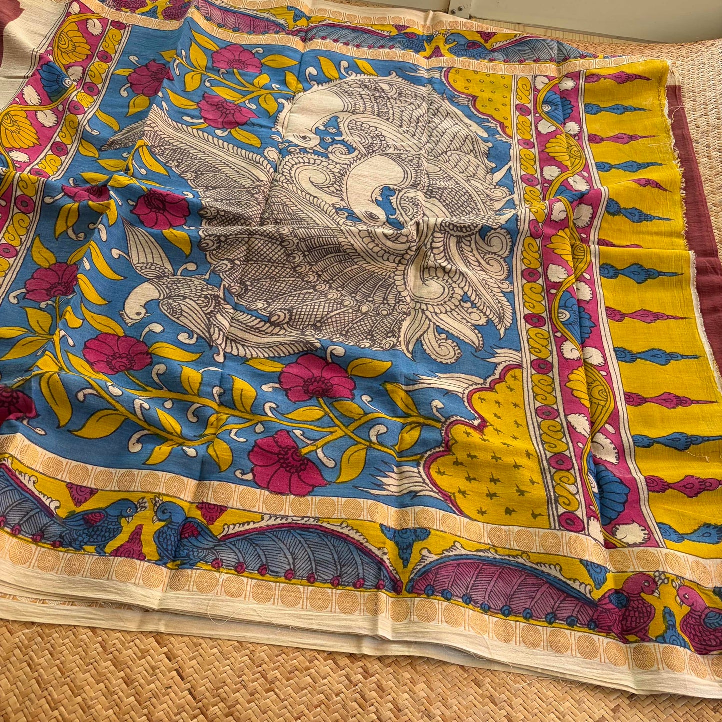 Peacock 🦚 - Kalamkari Hand Painted on a Madurai Sungudi Cotton saree. With Blouse