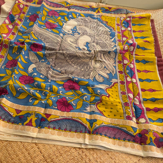 Peacock 🦚 - Kalamkari Hand Painted on a Madurai Sungudi Cotton saree. With Blouse