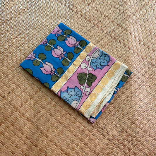 Blue Floral, Kalamkari Hand Painted on a Madurai Sungudi Cotton 1.20 METER FABRIC