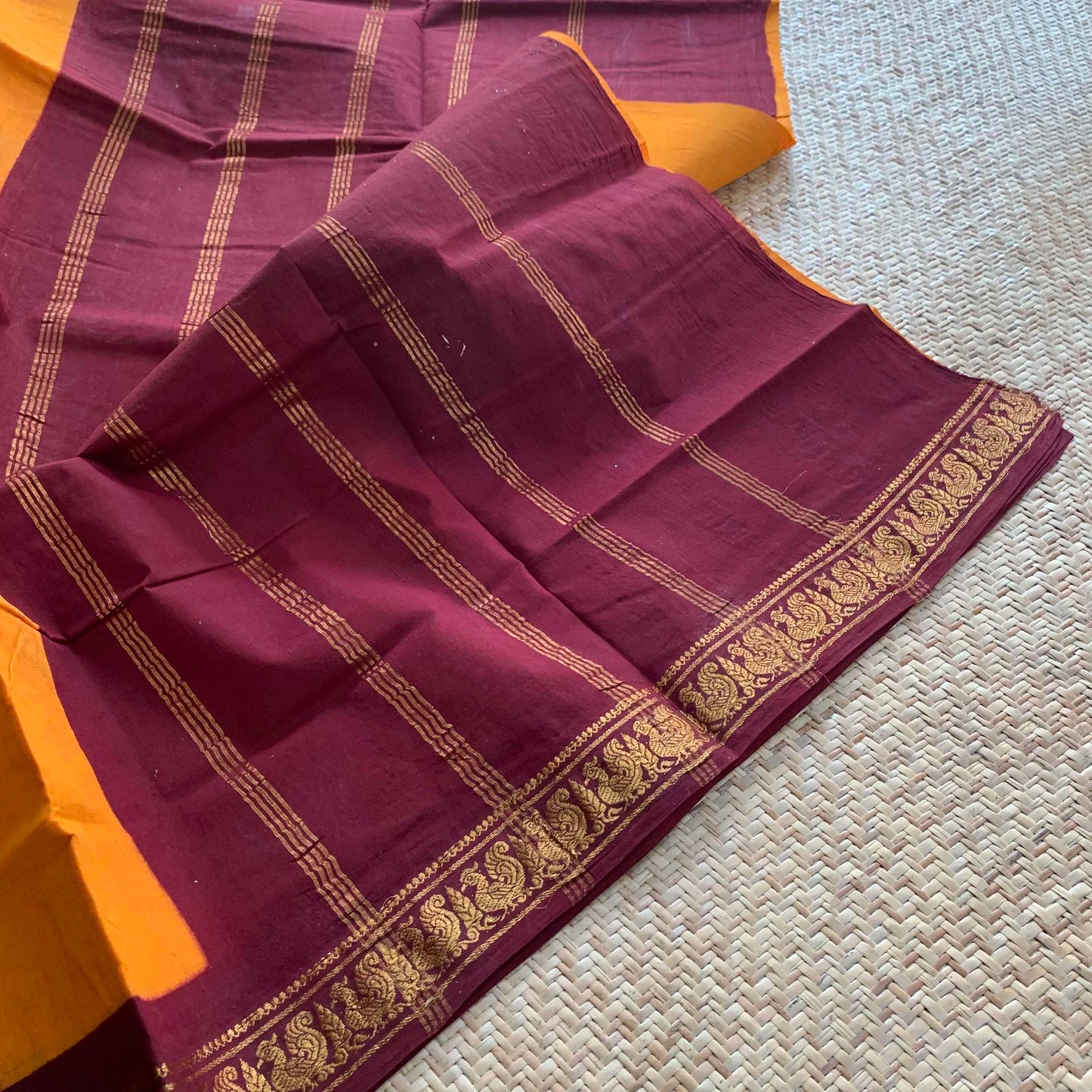 Yellow Saree With Brown Half Fine Zari Border, Clamp dyed (Kattu sayam).