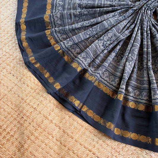 Grey, Ajrak Hand Block Printed On Madurai Cotton Saree With Zari