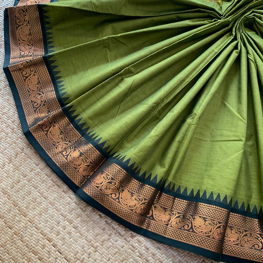 Double Tone Green Saree with. Zari Border, Chettinadu Cotton Saree