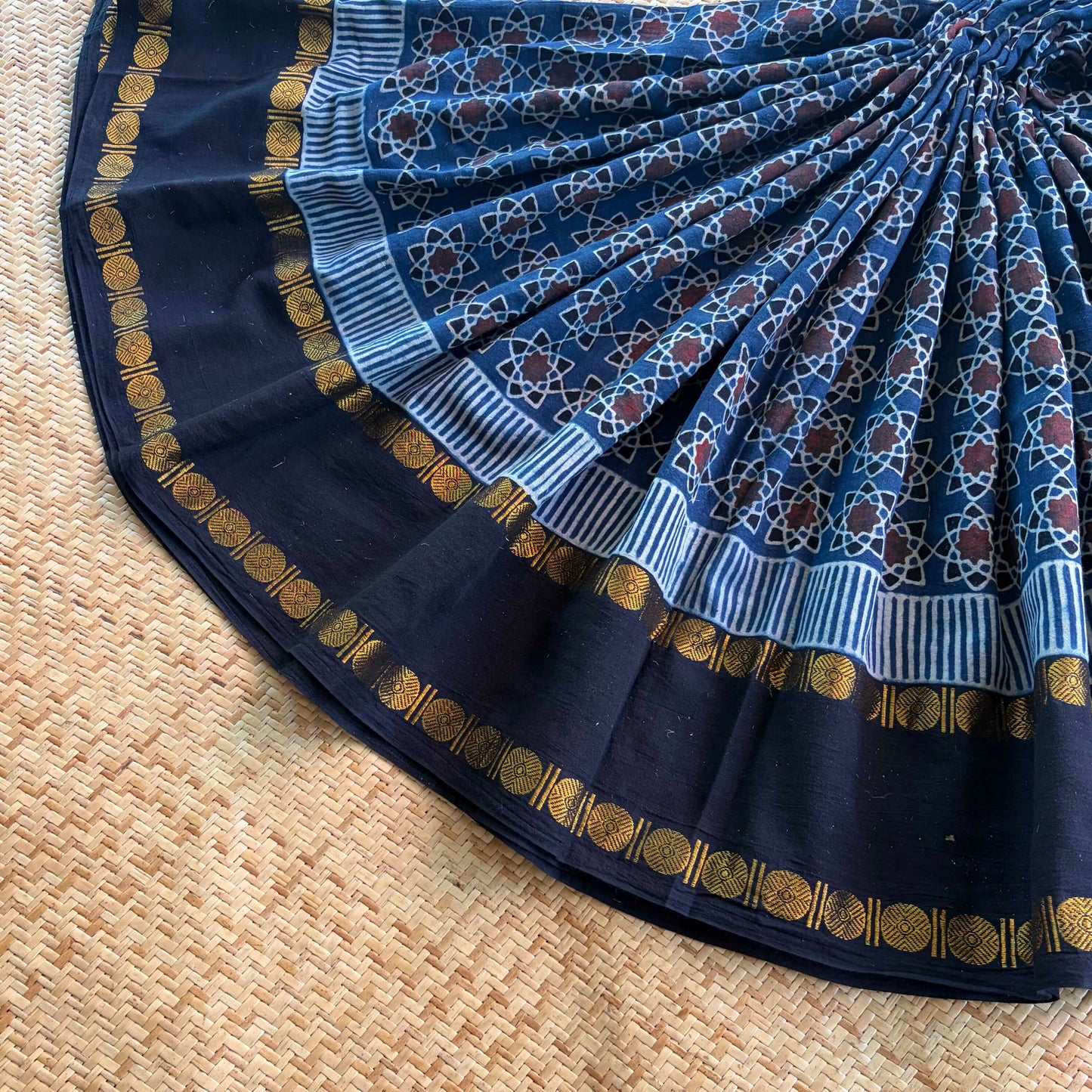 Atoms-Indigo, Ajrak Hand Block Printed On Madurai Cotton Saree With Zari