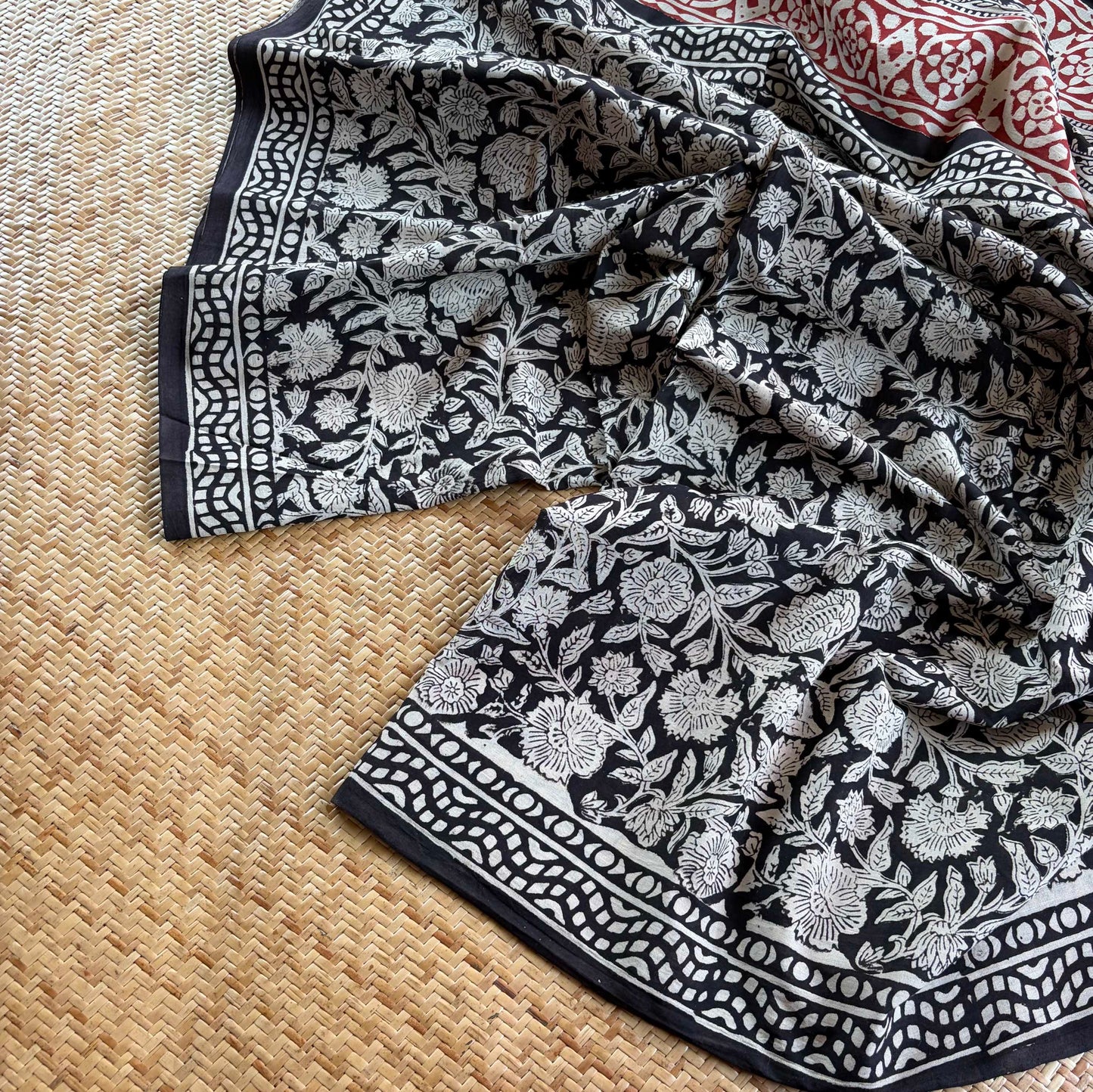 Mul Mul Cotton saree, Hand Block Printed, Black
