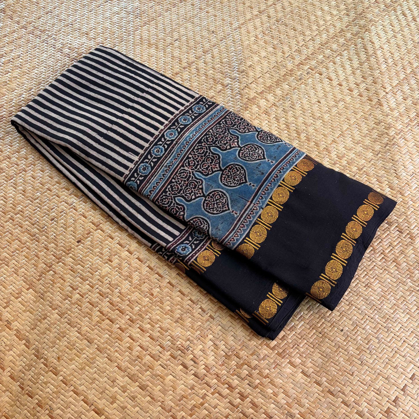 Black Stripes, Ajrak Hand Block Printed On Madurai Cotton Saree With Zari