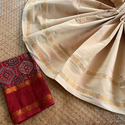 Ivory Saree With Ajrak Blouse , Zari Rudraksham Rettai Pettu Border , Clamp dyed (Kattu sayam)