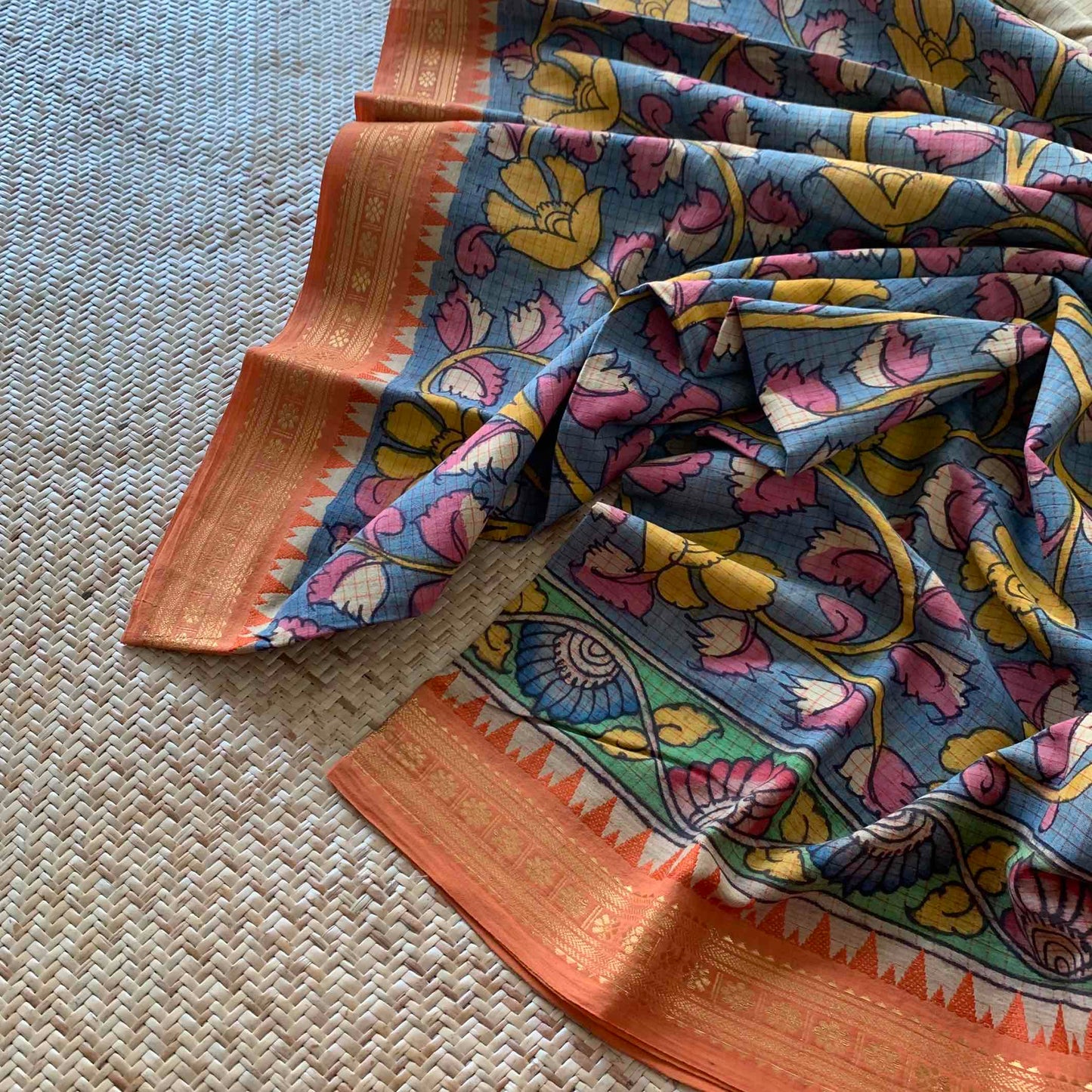 Blue-ish Grey Kalamkari Hand Painted on Chettinad Cotton saree