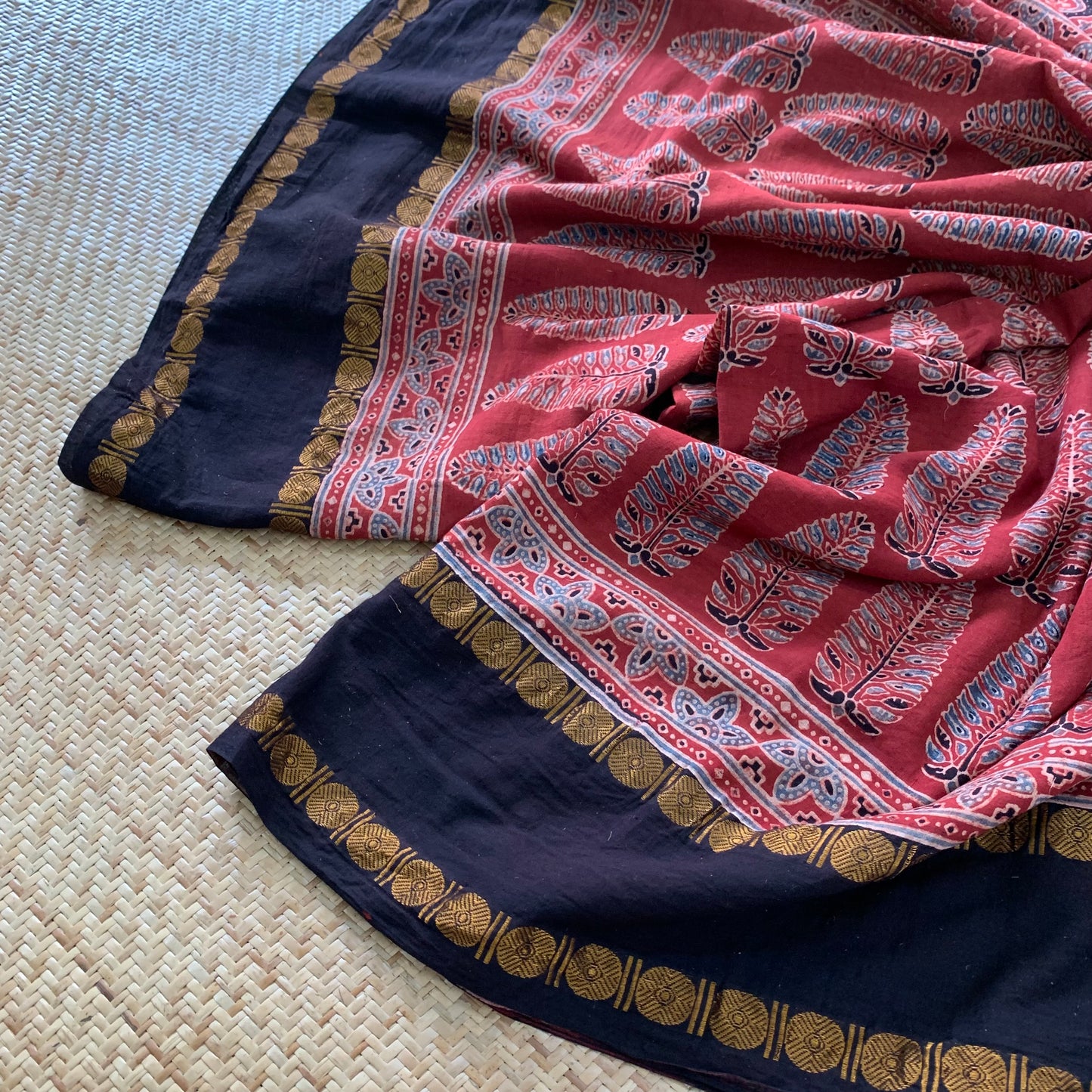 Pinecone-Manjistha, Ajrak Hand Block Printed On Madurai Cotton Saree With Zari