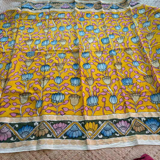 Yellow Floral, Kalamkari Hand Painted on a Madurai Sungudi Cotton 1.20 METER FABRIC