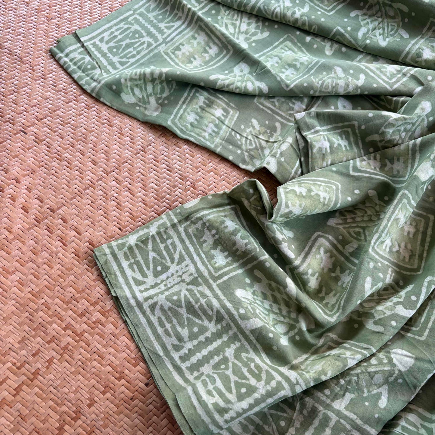 Mul Mul Cotton saree, Hand Block Printed, Green