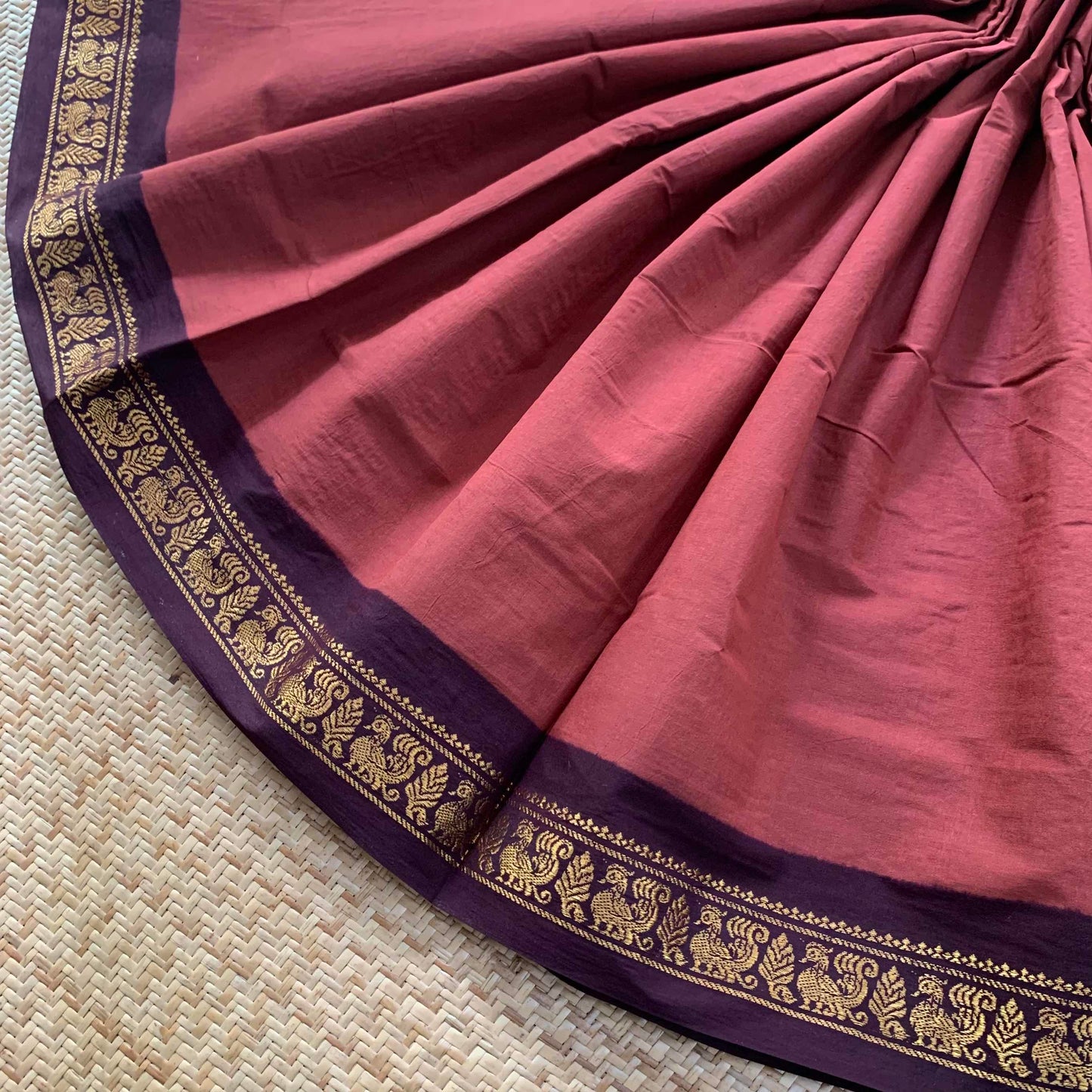 Brown Saree With Beetle Nut Brown Half Fine Zari Border, Clamp dyed (Kattu sayam).