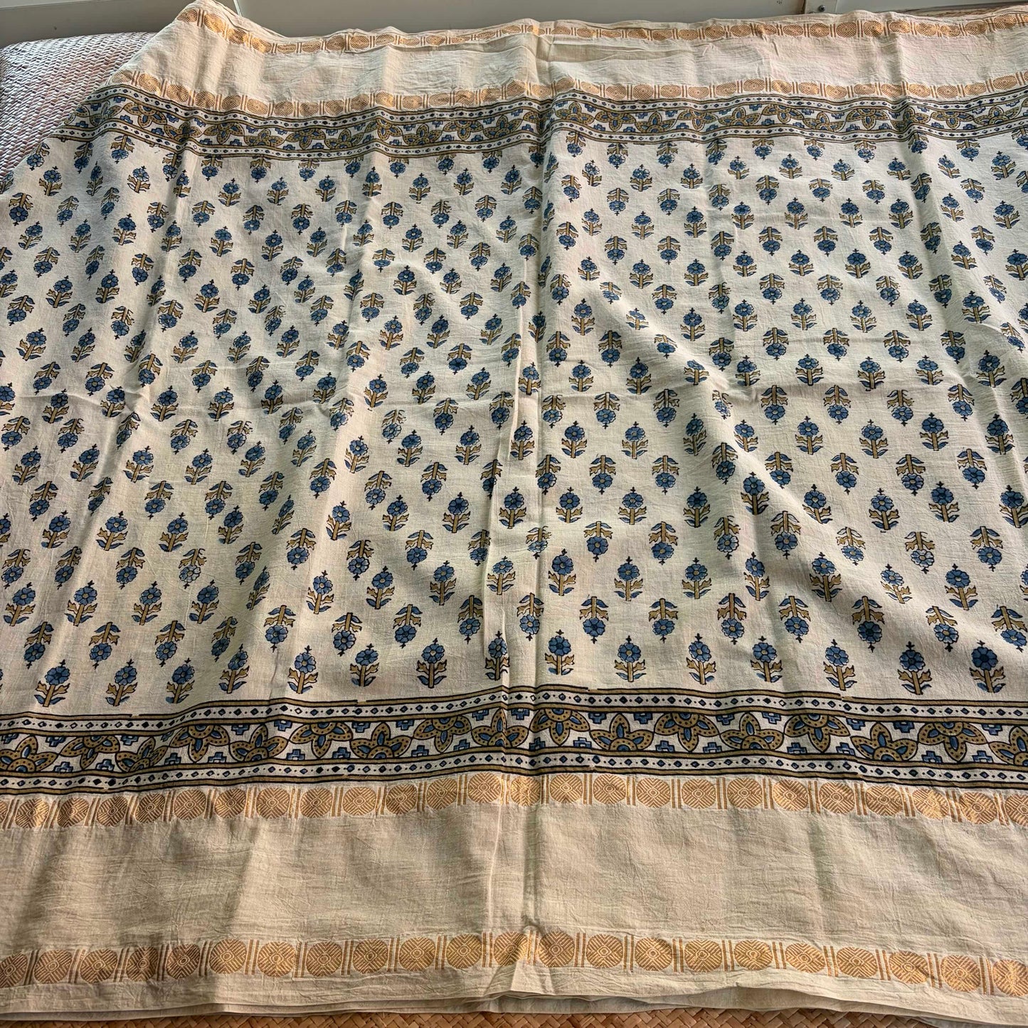Off White, Ajrak Hand Block Printed On Madurai Cotton Saree With Zari