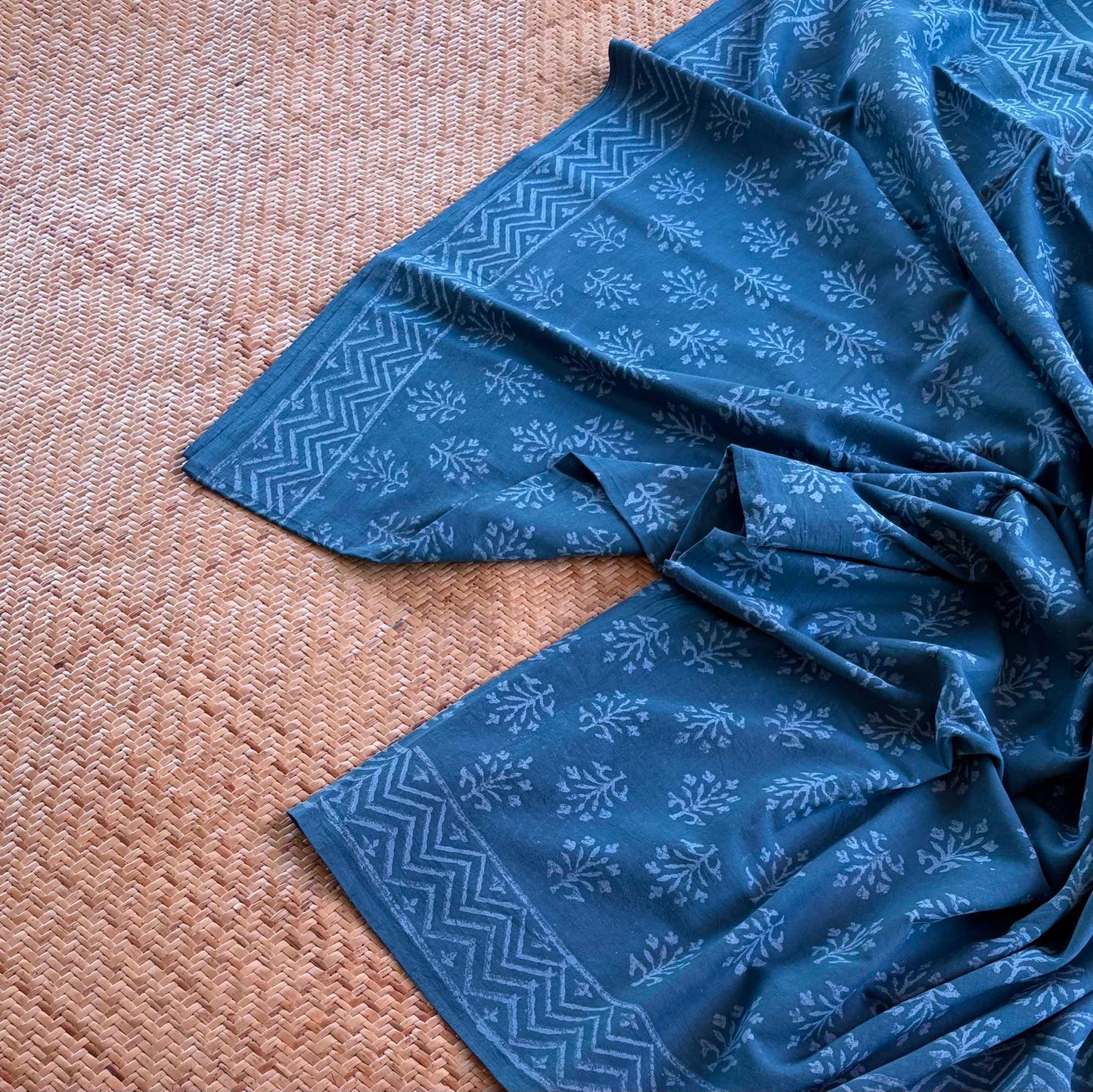 Mul Mul Cotton saree, Hand Block Printed, Blue