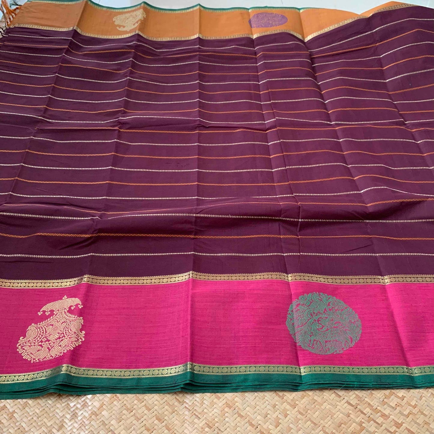 Kanchipuram Cotton Saree, Handwoven Brown Velthari Saree with Ganga Jamuna Border and Grand Pallu