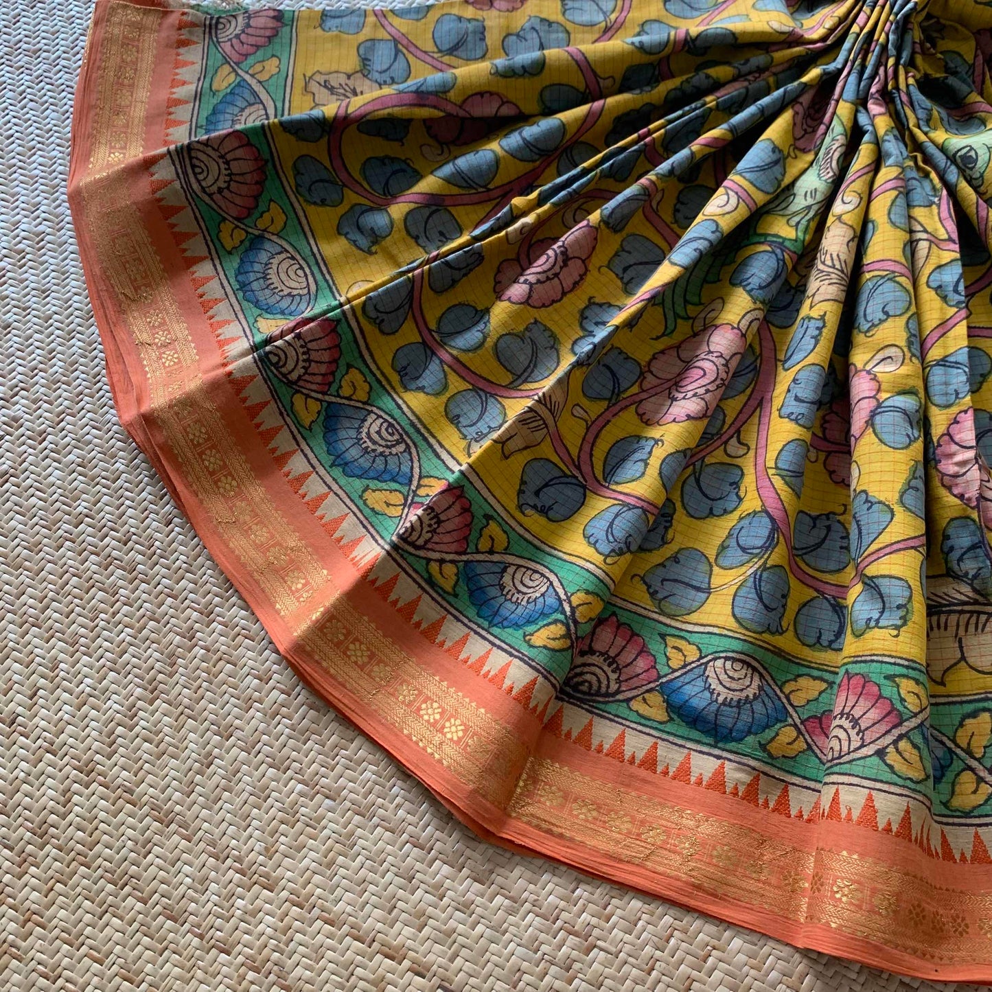 Golden Yellow Kalamkari Hand Painted on Chettinad Cotton saree