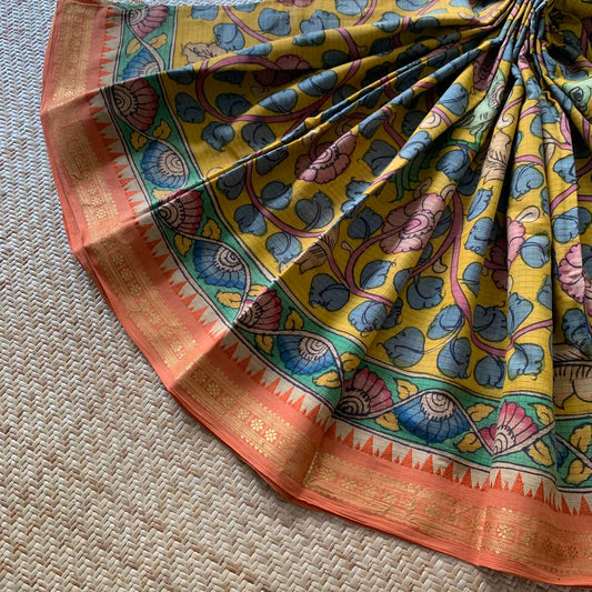 Golden Yellow Kalamkari Hand Painted on Chettinad Cotton saree
