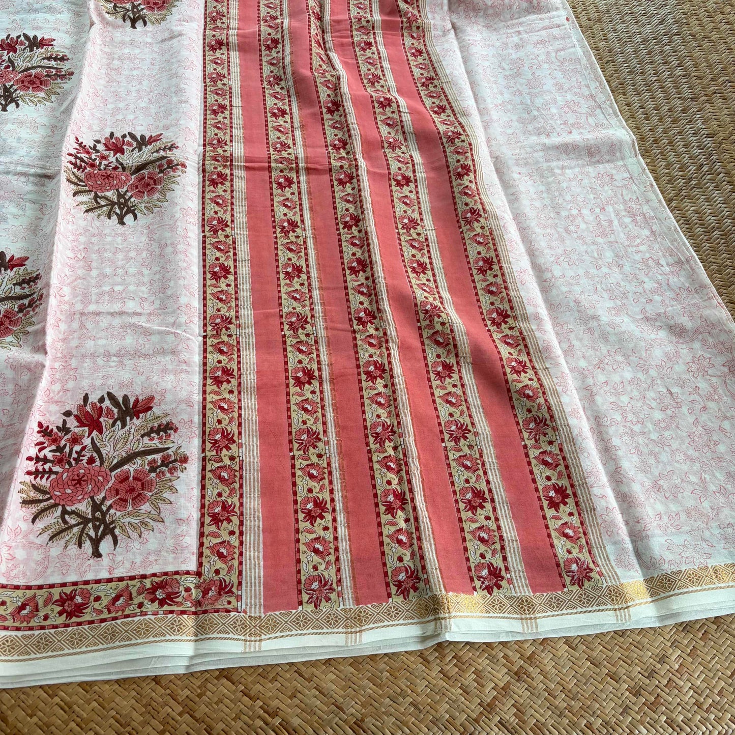 White, Jaipur Hand Block Printed On Madurai Cotton Saree With Zari