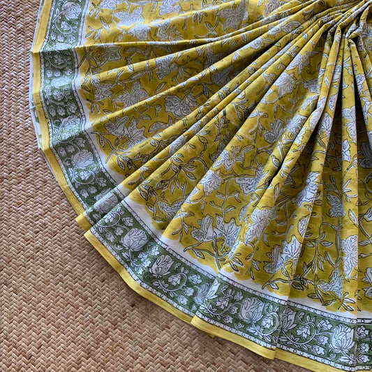 Mul Mul Cotton saree, Hand Block Printed, Yellow