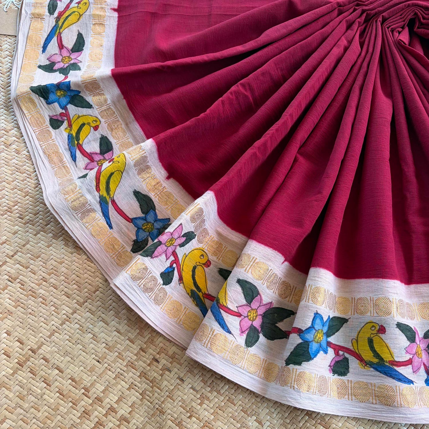 Parrot 🦜 - Kalamkari Hand Painted on a Madurai Sungudi Cotton saree. With Blouse