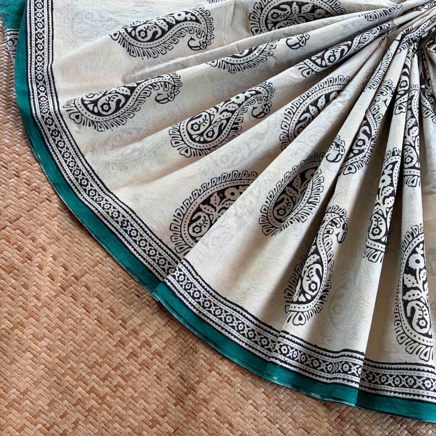Mul Mul Cotton saree, Hand Block Printed, Beige