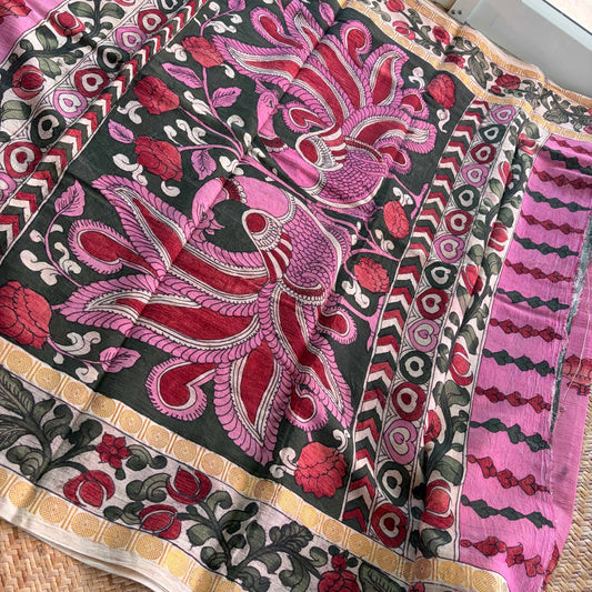 Dusty Pink Kalamkari Hand Painted on Cotton Sungudi Saree With Blouse
