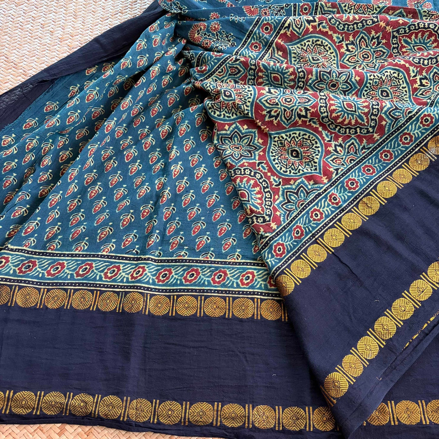 Rama Green, Ajrak Hand Block Printed On Madurai Cotton Saree With Zari