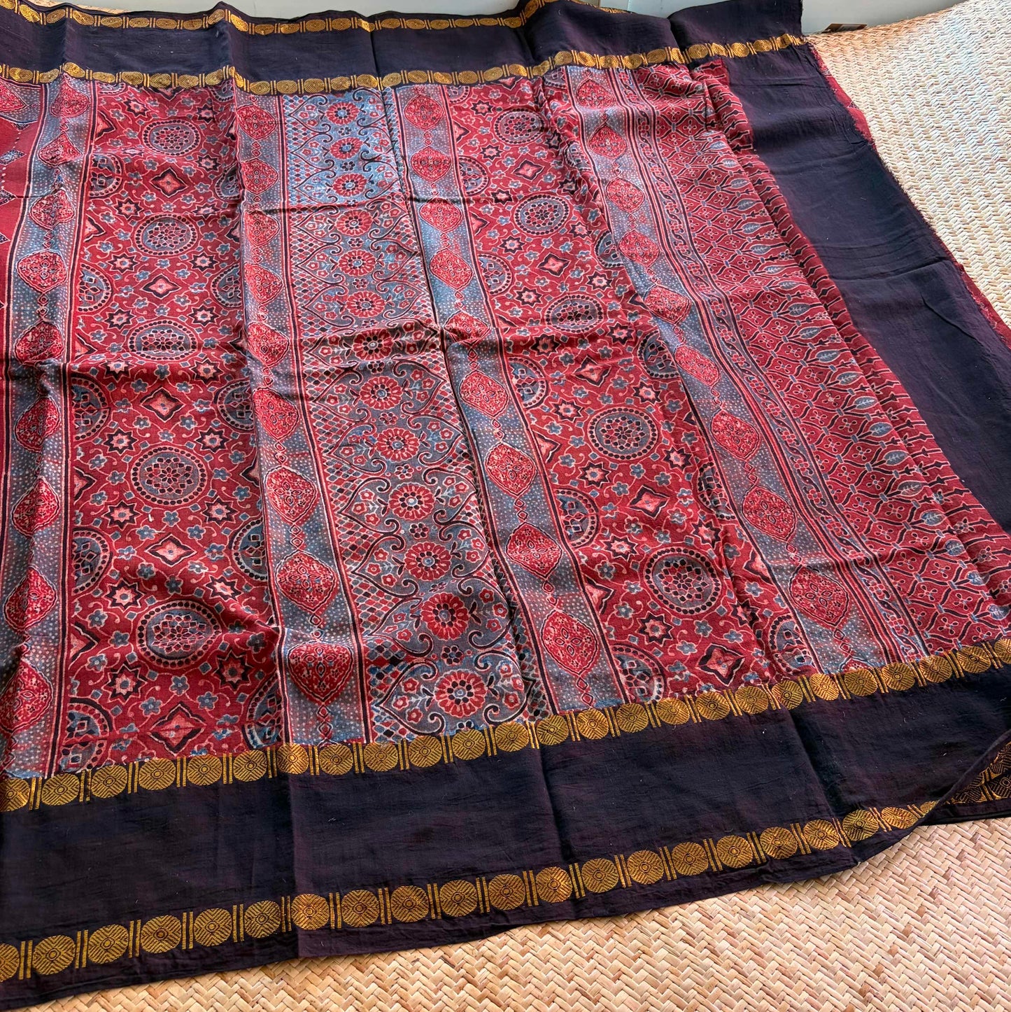 Diamond Red, Ajrak Hand Block Printed On Madurai Cotton Saree With Zari