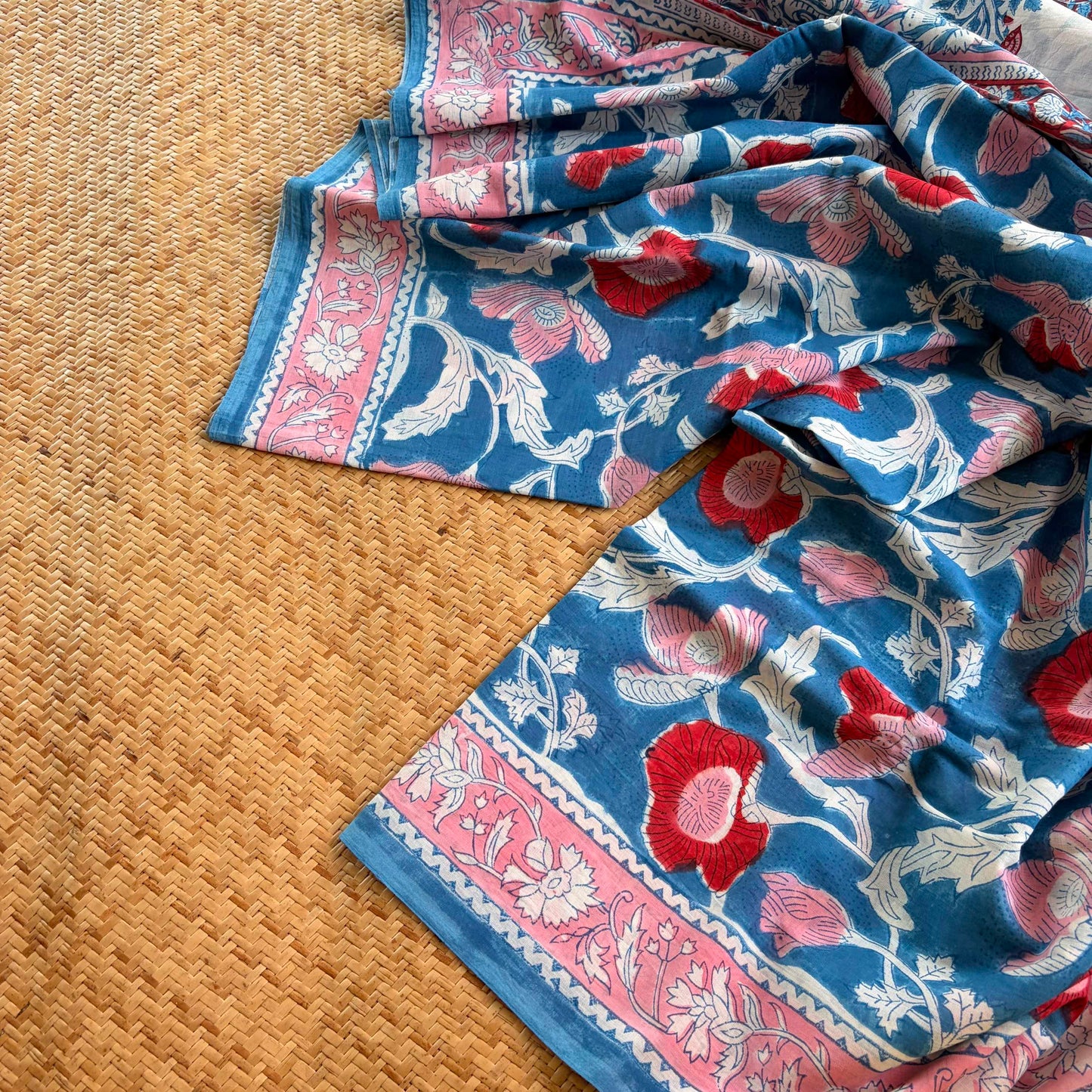 Mul Mul Cotton saree, Hand Block Printed, Blue