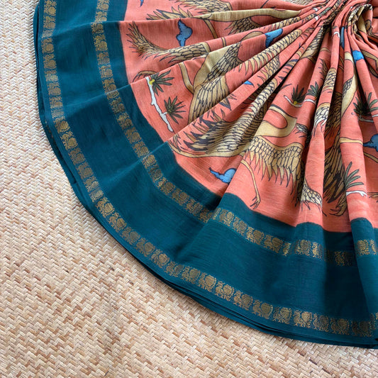 Crane, Kalamkari Hand Painted on a Madurai Sungudi Cotton saree.