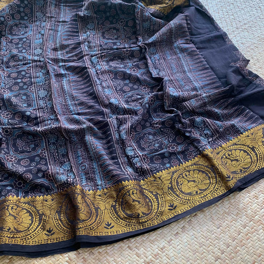 Black, Ajrak Hand Block Printed On Madurai Cotton Saree With Zari