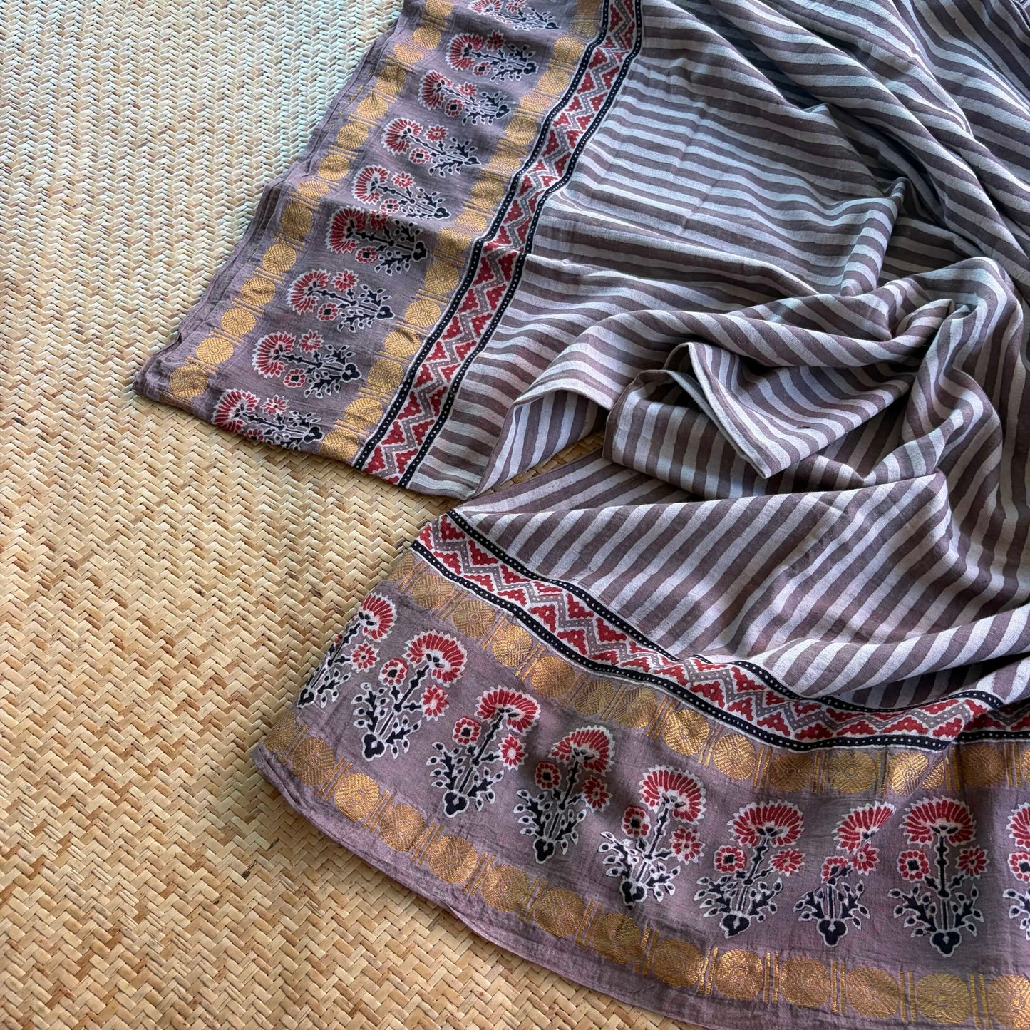 Nude, Ajrak Hand Block Printed On Madurai Cotton Saree With Zari