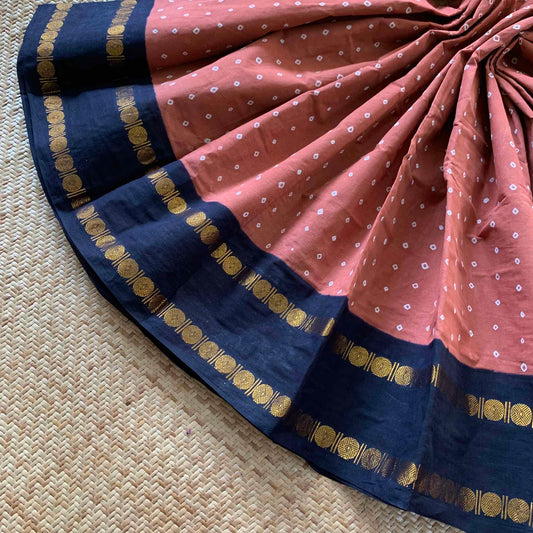 Light Brown Saree With Black Border, Hand knotted Sungudi On a Rudraksham Border Cotton saree, Kaikattu Sungadi