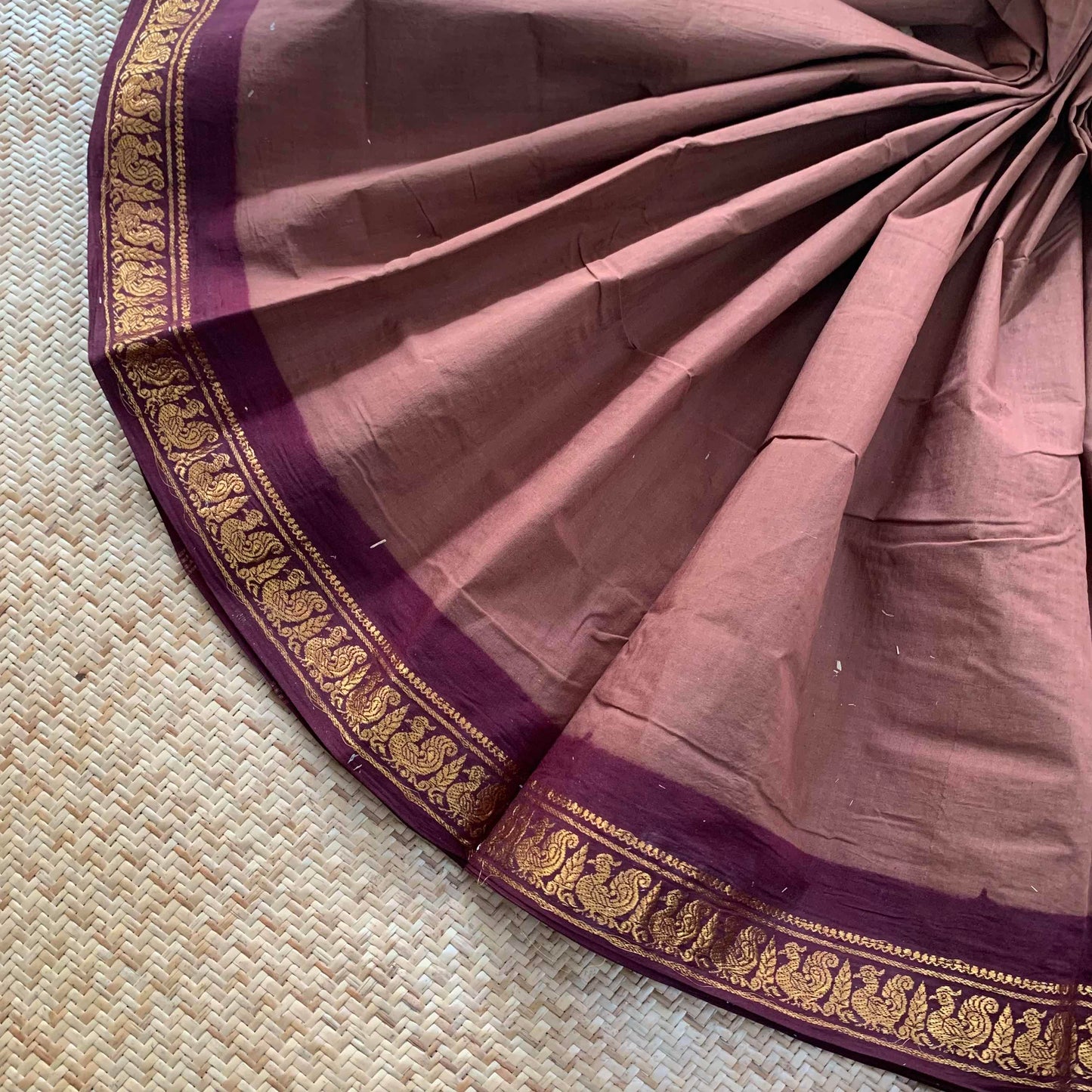 Chocolate Brown Saree With Beetle Nut Brown Half Fine Zari Border, Clamp dyed (Kattu sayam).