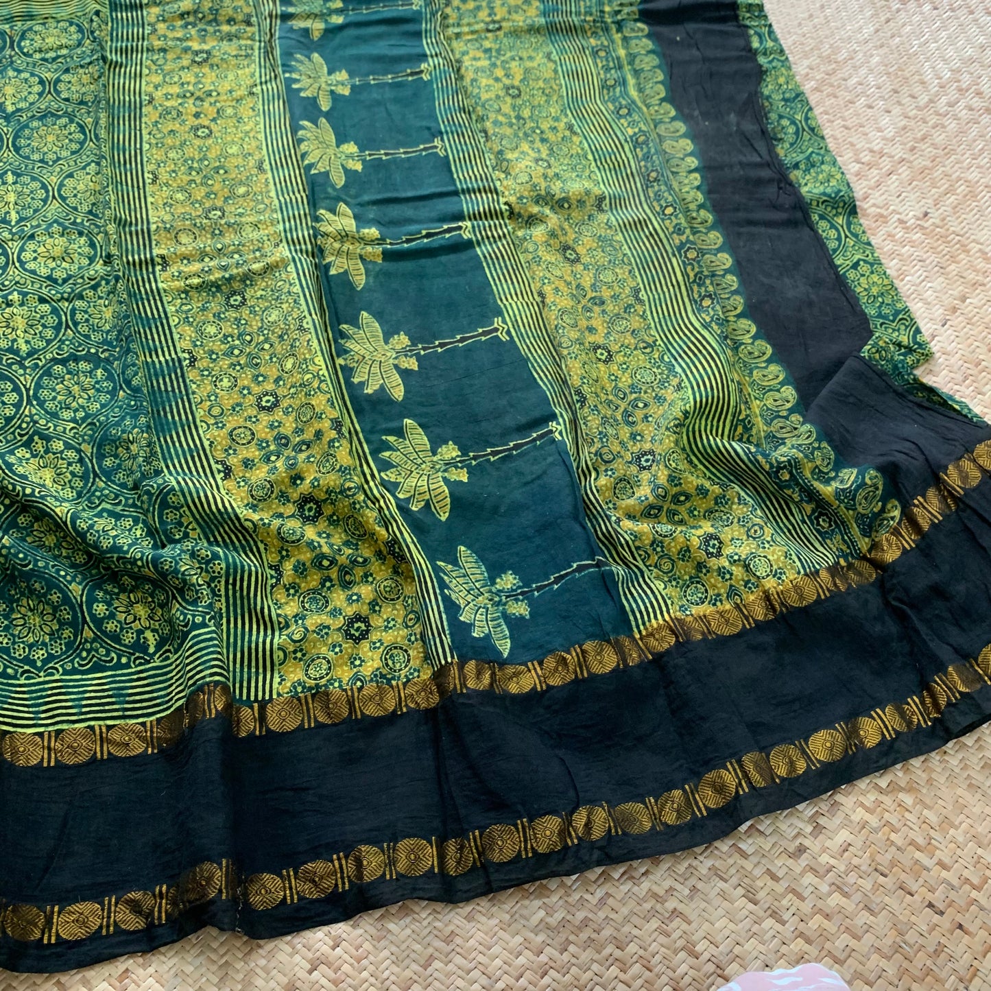 Patterned Flowers, Ajrak Hand Block Printed On Madurai Cotton Saree With Zari