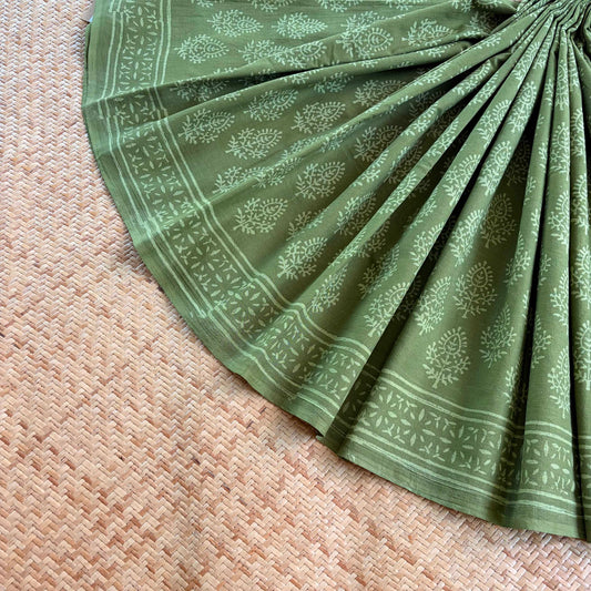 Mul Mul Cotton saree, Hand Block Printed, Green