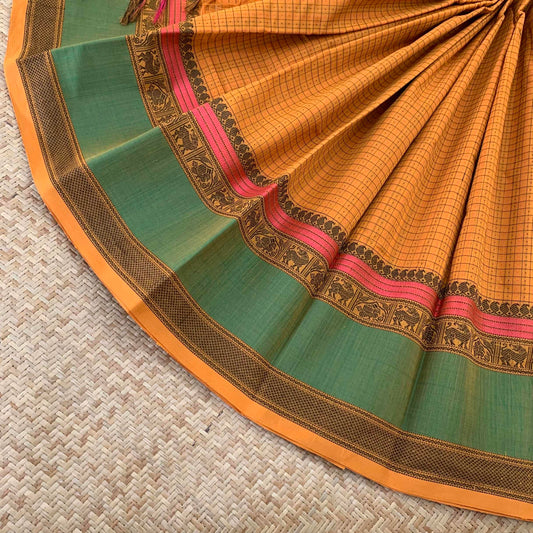 Kanchipuram Cotton Saree, Handwoven Mustard Saree with Green Border and Grand Pallu