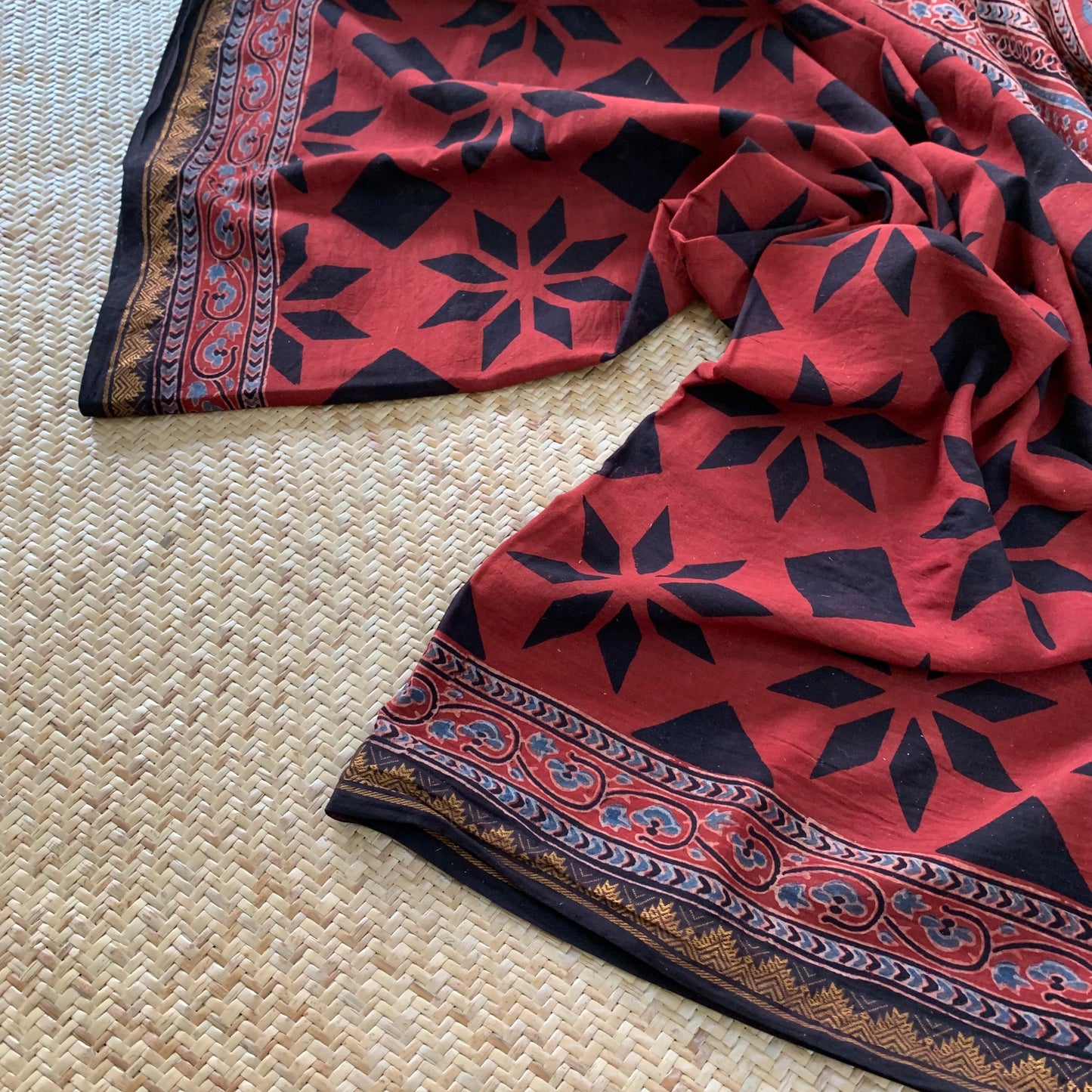 Athangudi Tiles-Red , Ajrak Hand Block Printed On Madurai Cotton Saree With Zari