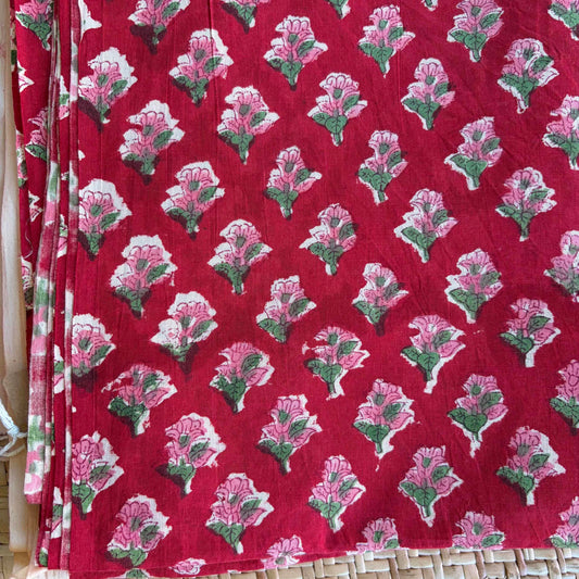 Hand Block Printed Sanganeri Cotton Running Fabric, Red