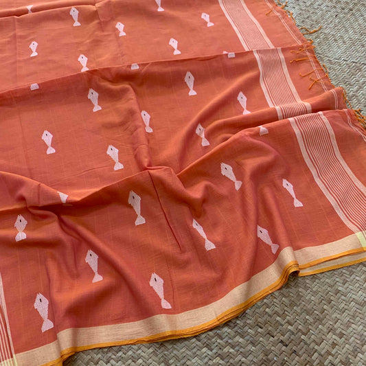 Orange, Handwoven Jamdani Soft cotton Saree