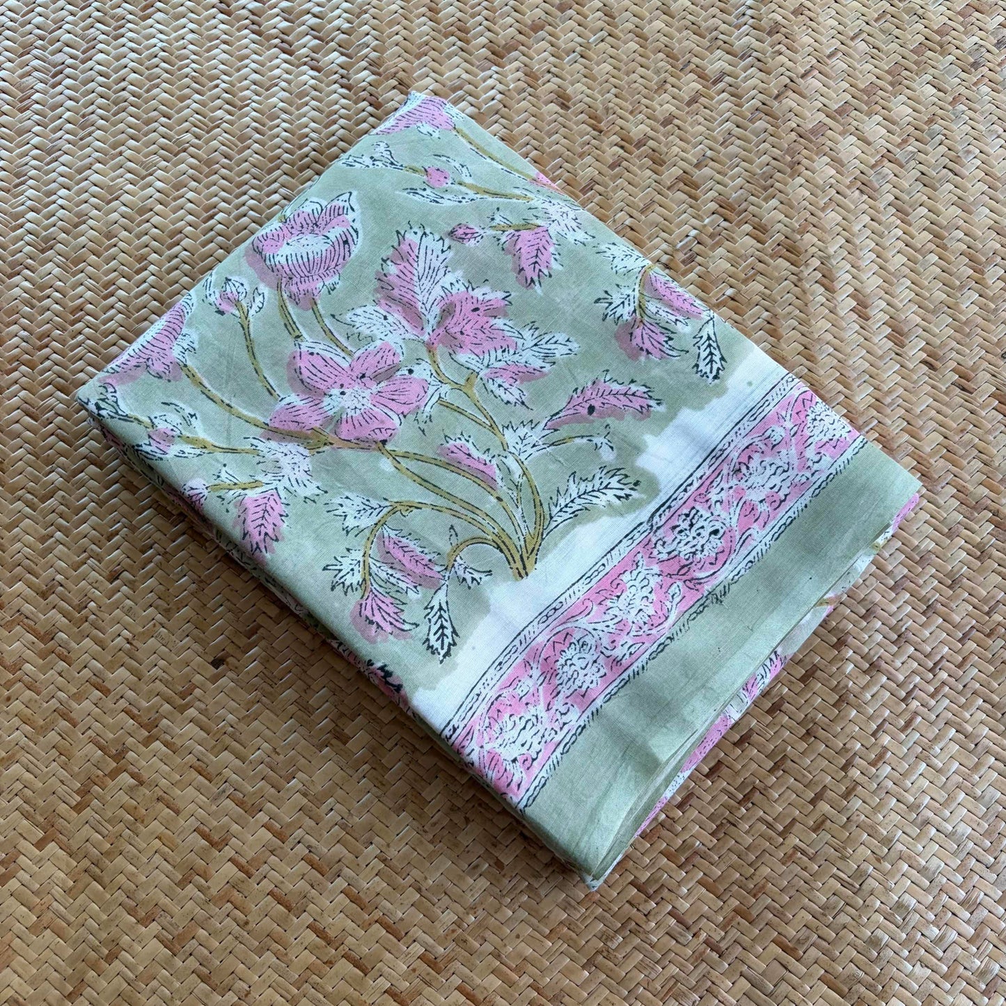 Mul Mul Cotton saree, Hand Block Printed, Pastel Green