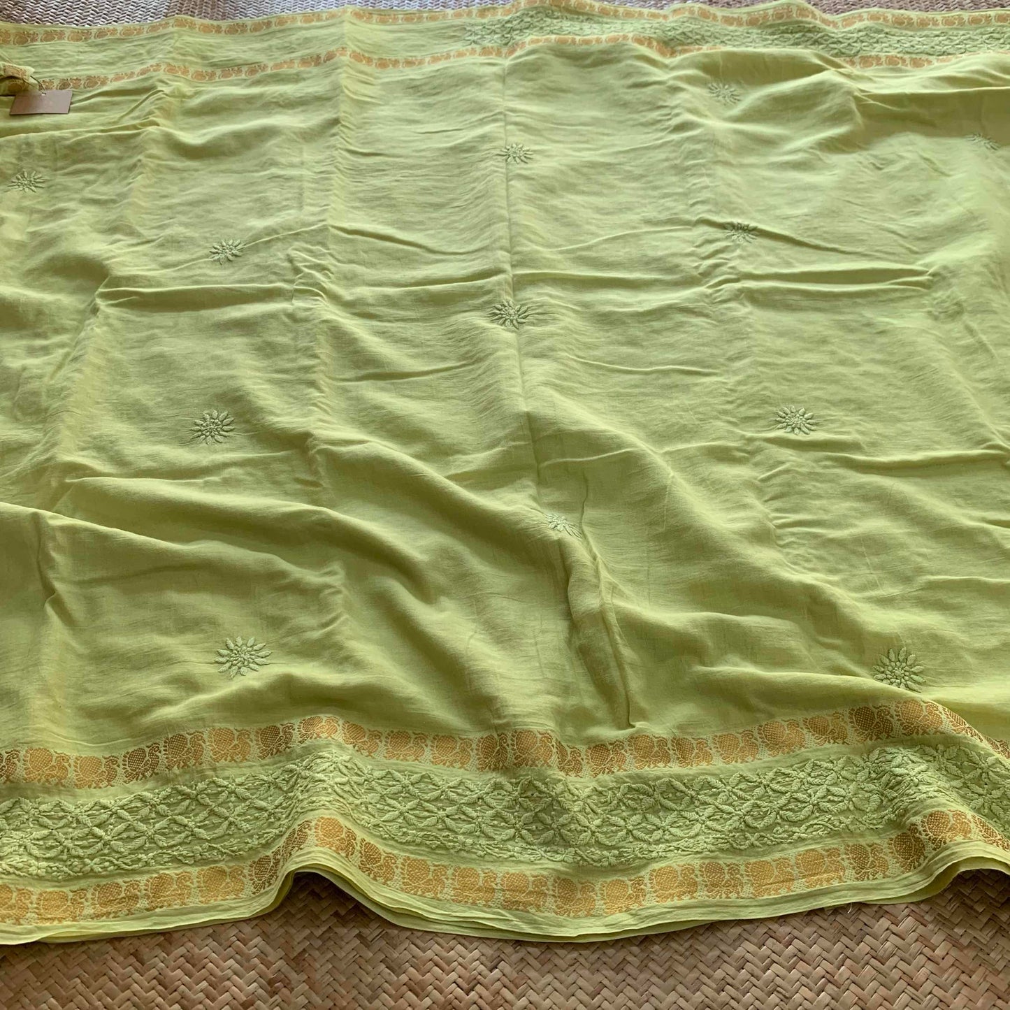 Green Chickankari Hand Embroidery on a Sungudi Cotton Saree