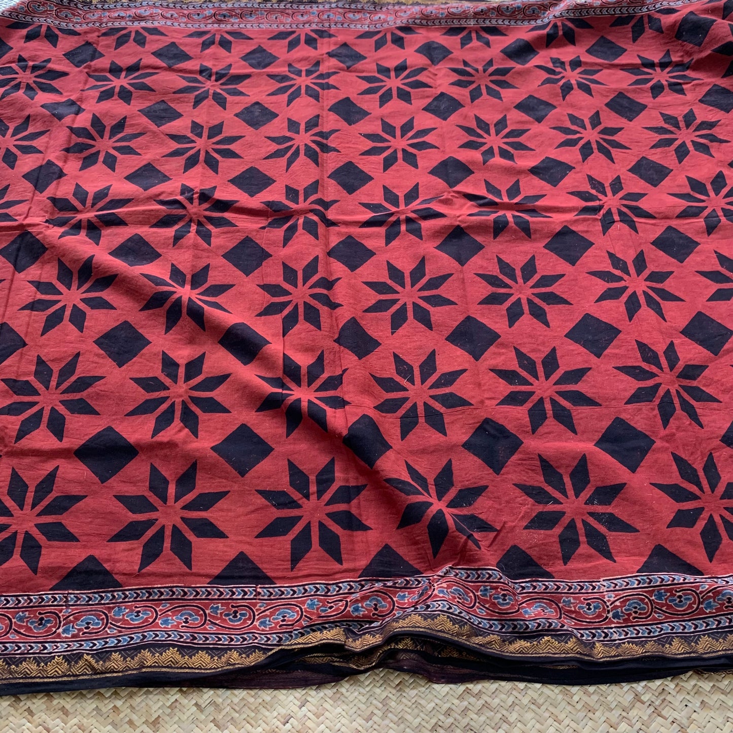 Athangudi Tiles-Red , Ajrak Hand Block Printed On Madurai Cotton Saree With Zari