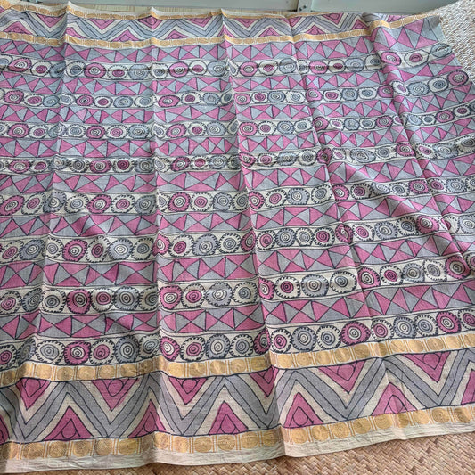 Grey Floral, Kalamkari Hand Painted on a Madurai Sungudi Cotton 1.20 METER FABRIC