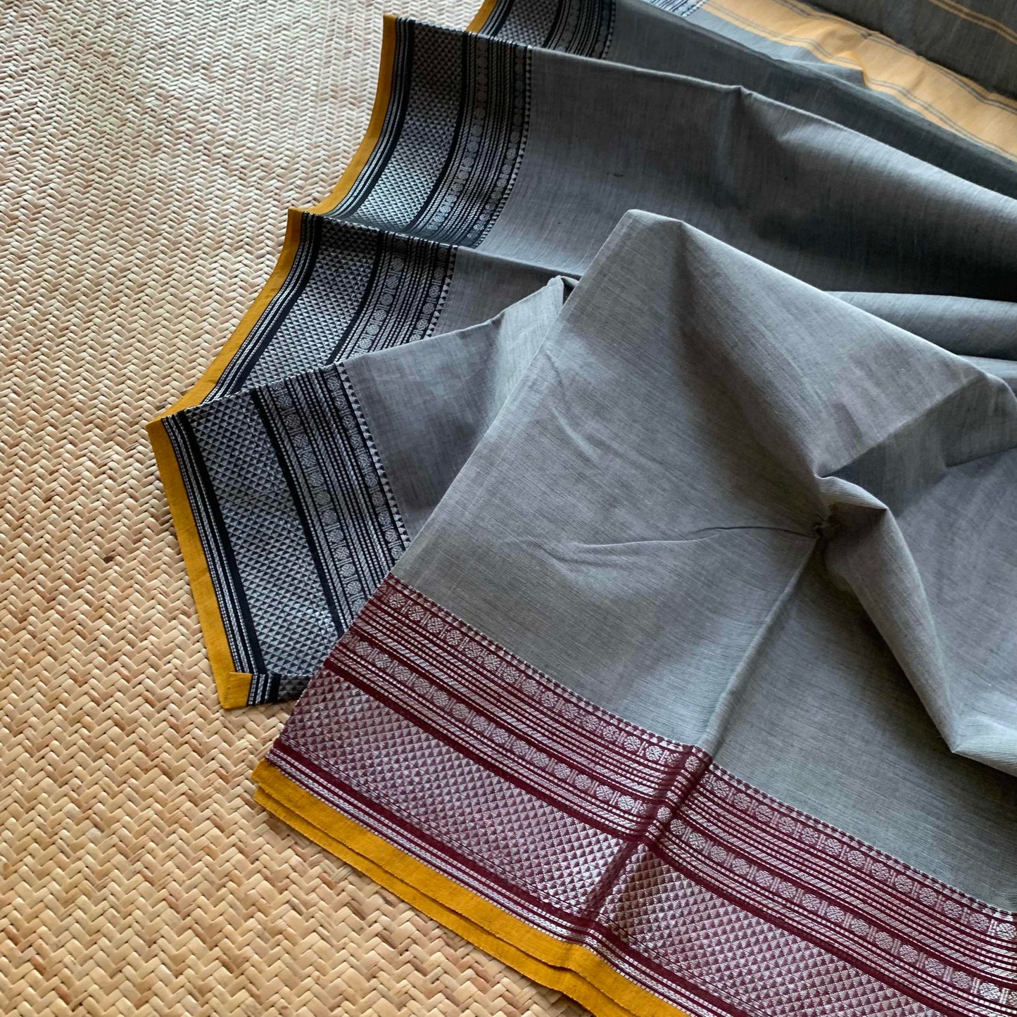 Grey Saree Black Ganga Jamuna Border, Chettinad cotton saree