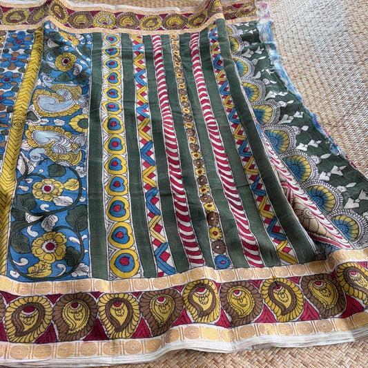 Pink Kalamkari Hand Painted on Cotton Sungudi Saree With Blouse