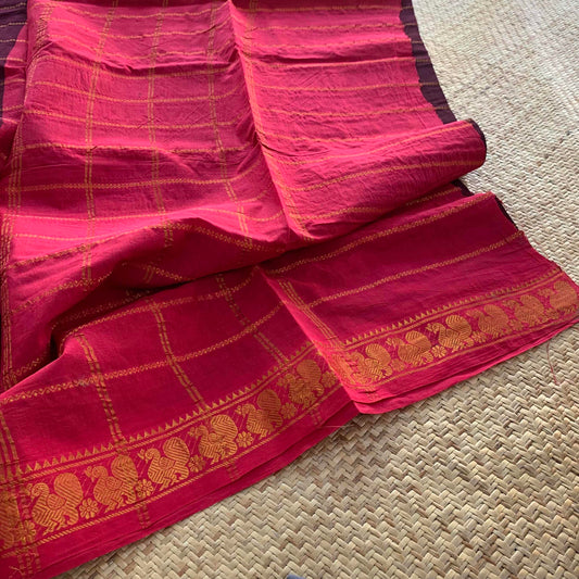 Beetle Nut Brown Saree With Pink Border, Zari Velthari Madurai Sungadi Saree