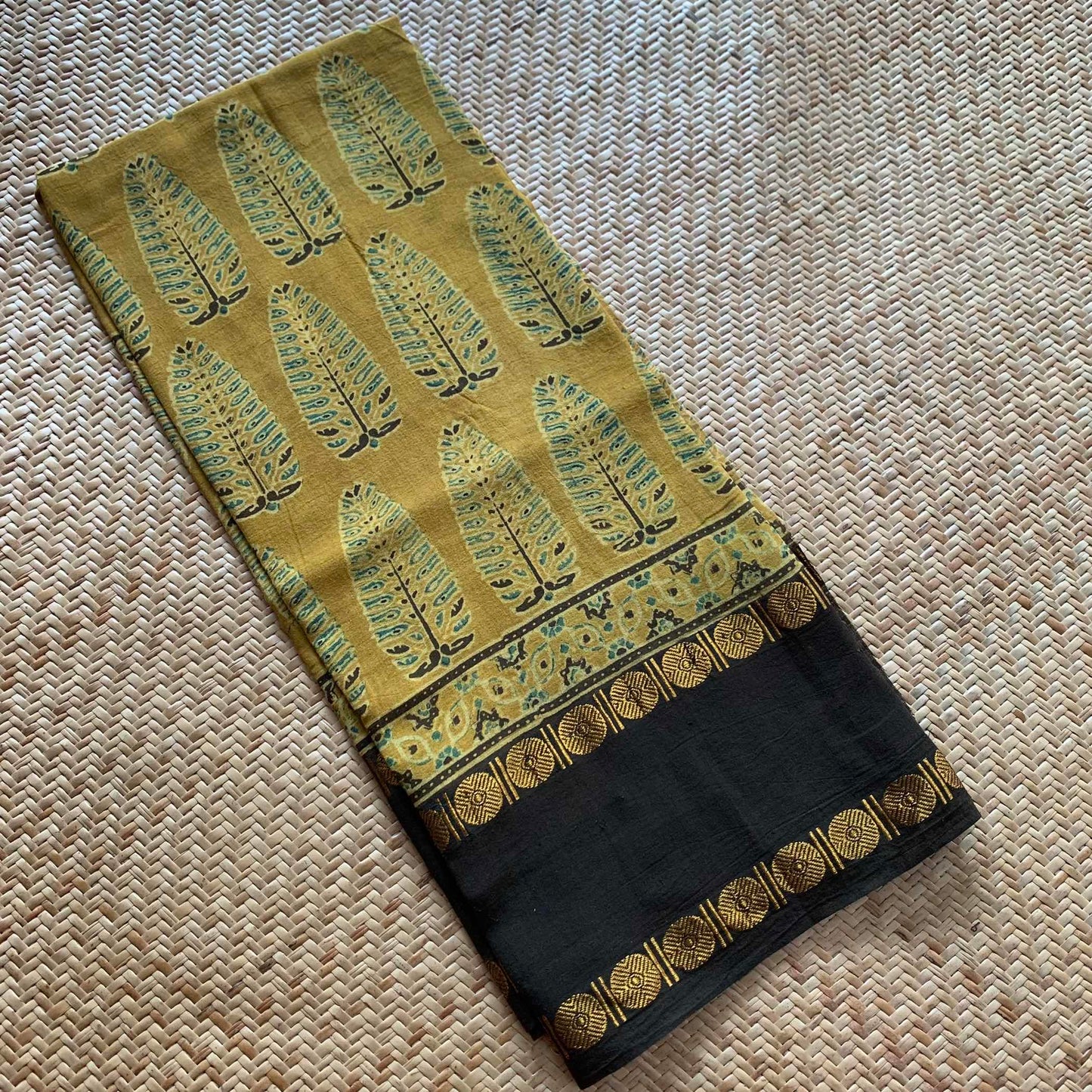 Mustard, Natural Dyeing Ajrak Hand Block Printed Cotton 2 Meter Cut Fabric