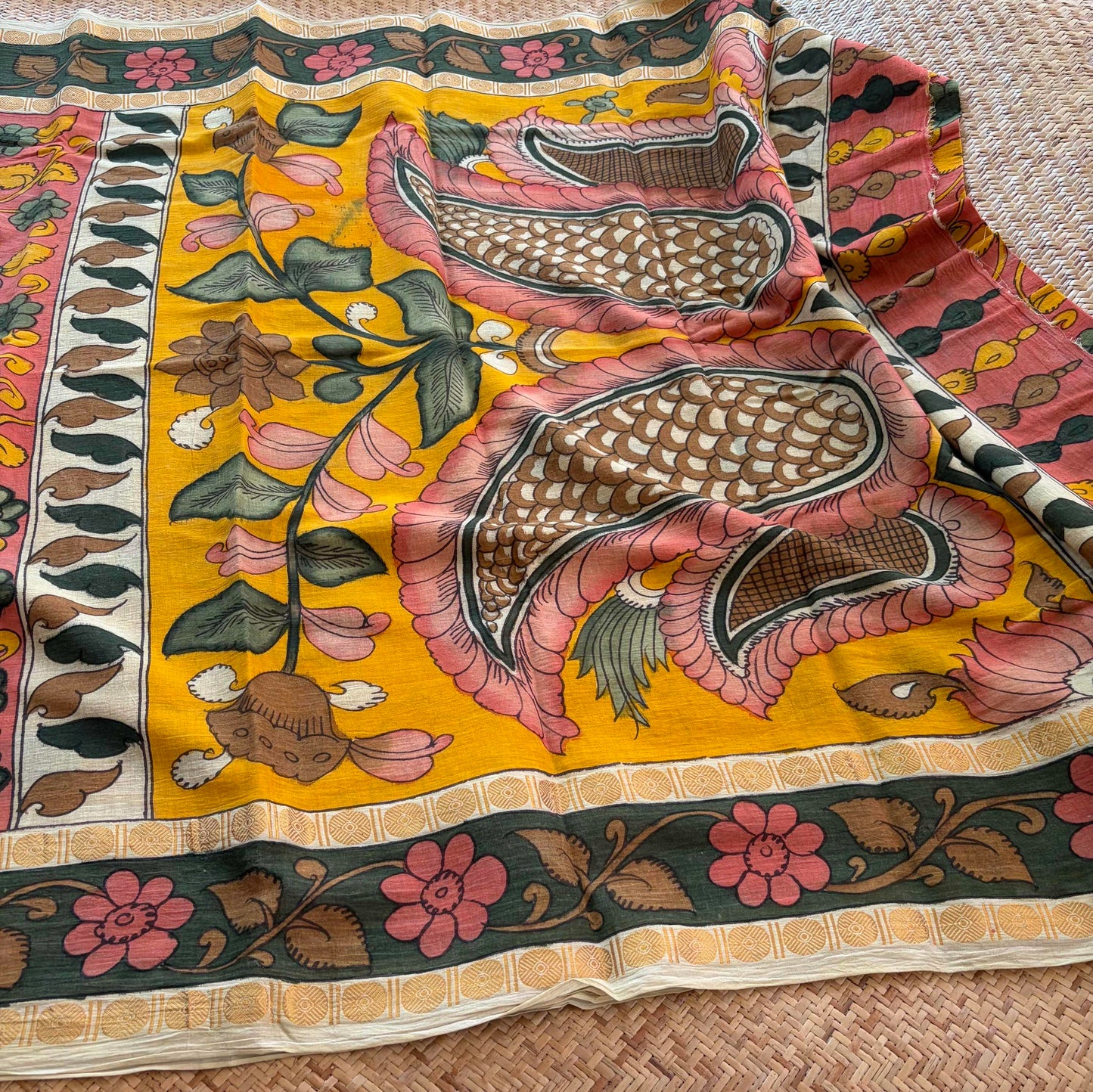 Peach Kalamkari Hand Painted on Cotton Sungudi Saree With Blouse