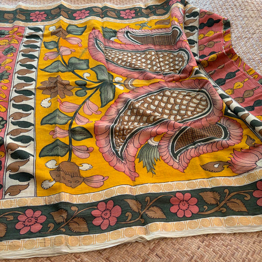 Peach Kalamkari Hand Painted on Cotton Sungudi Saree With Blouse
